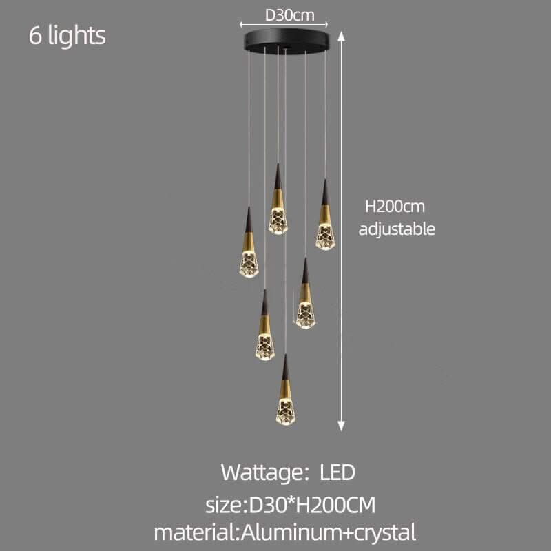 Crystal Spiral Cones Staircase Chandelier – Plated LED Pendant, 1 to 20 Heads, Dimmable Option