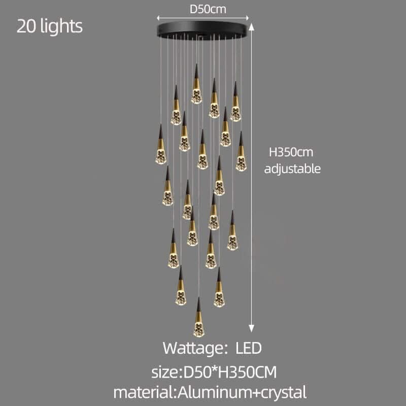 Crystal Spiral Cones Staircase Chandelier – Plated LED Pendant, 1 to 20 Heads, Dimmable Option