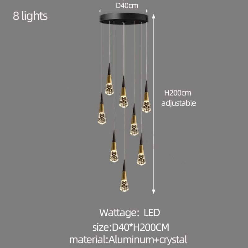 Crystal Spiral Cones Staircase Chandelier – Plated LED Pendant, 1 to 20 Heads, Dimmable Option