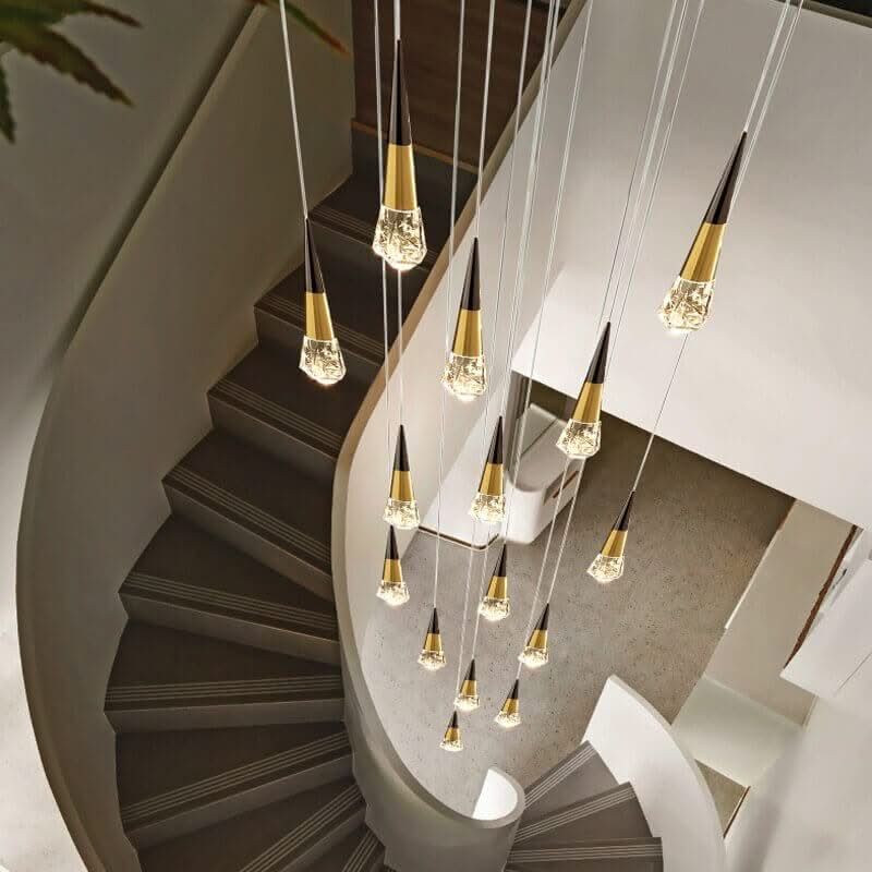 Crystal Spiral Cones Staircase Chandelier – Plated LED Pendant, 1 to 20 Heads, Dimmable Option