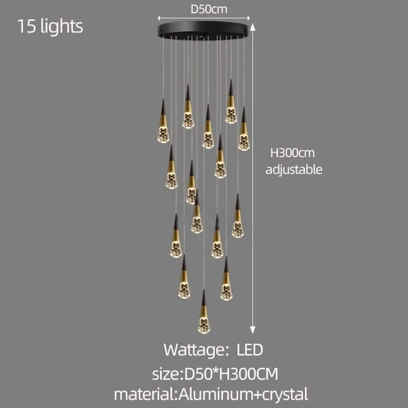 Crystal Spiral Cones Staircase Chandelier – Plated LED Pendant, 1 to 20 Heads, Dimmable Option