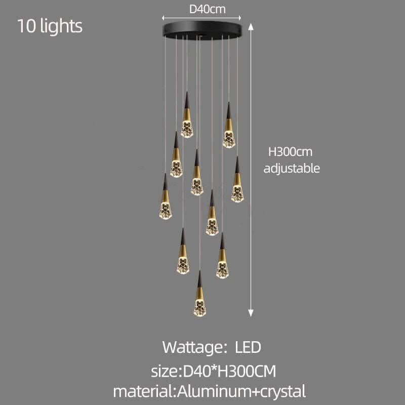 Crystal Spiral Cones Staircase Chandelier – Plated LED Pendant, 1 to 20 Heads, Dimmable Option
