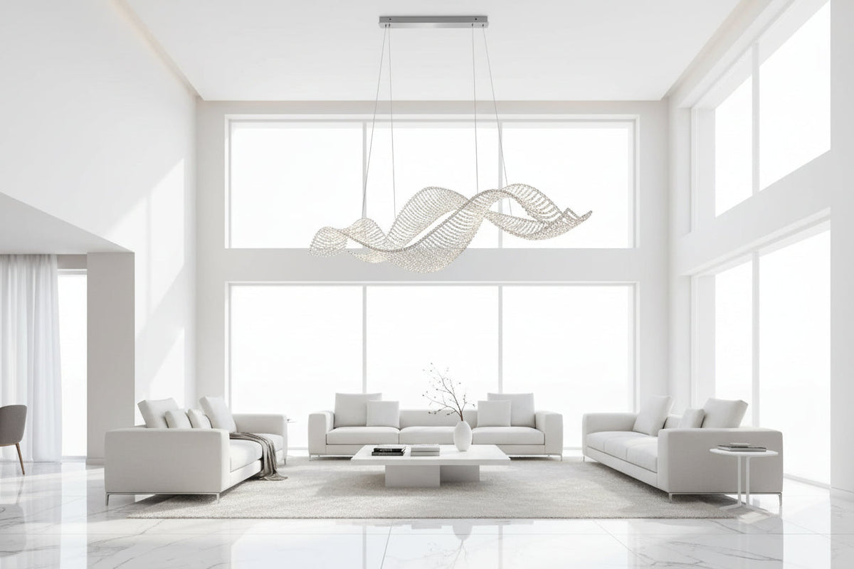 Crystal Swirl LED Chandelier – Gold & Silver, 120 & 150cm, 15–30m²
