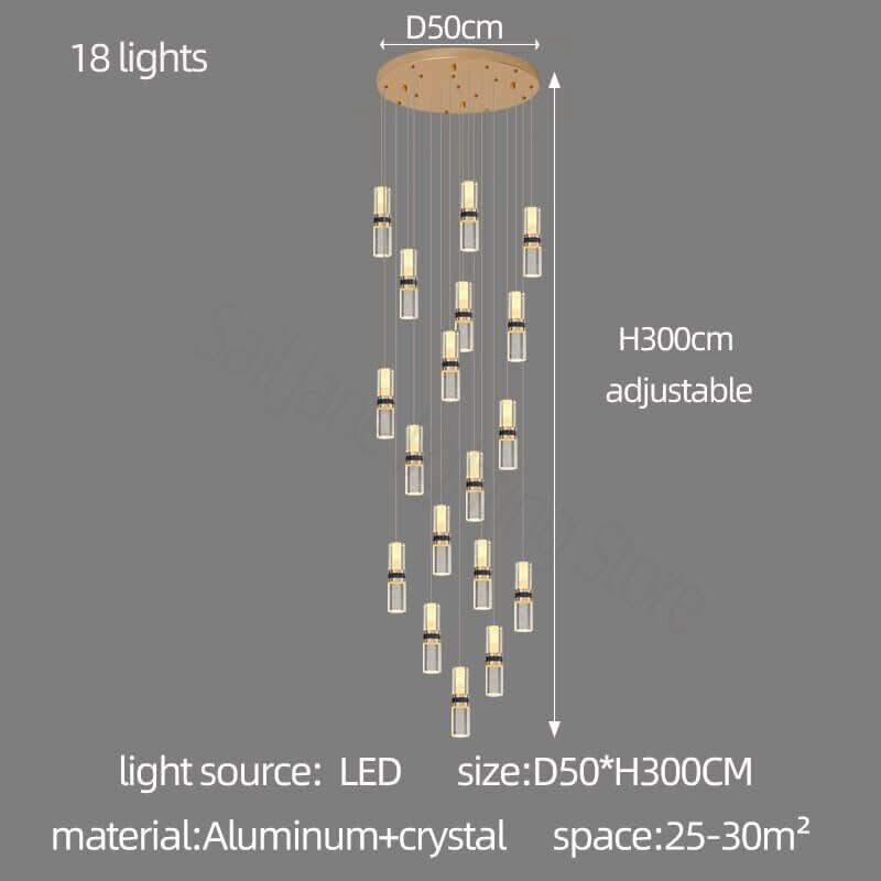 Crystal Tubes Staircase Chandelier – Gold LED Pendant, 3 to 18 Lights, Dimmable Option