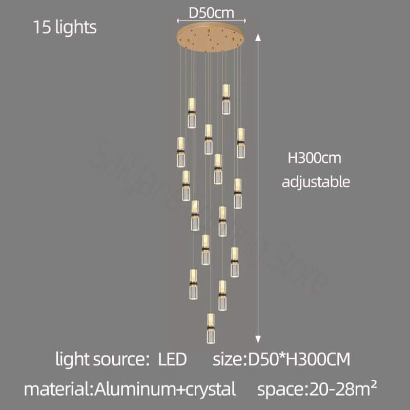 Crystal Tubes Staircase Chandelier – Gold LED Pendant, 3 to 18 Lights, Dimmable Option