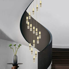 Crystal Tubes Staircase Chandelier – Gold LED Pendant, 3 to 18 Lights, Dimmable Option