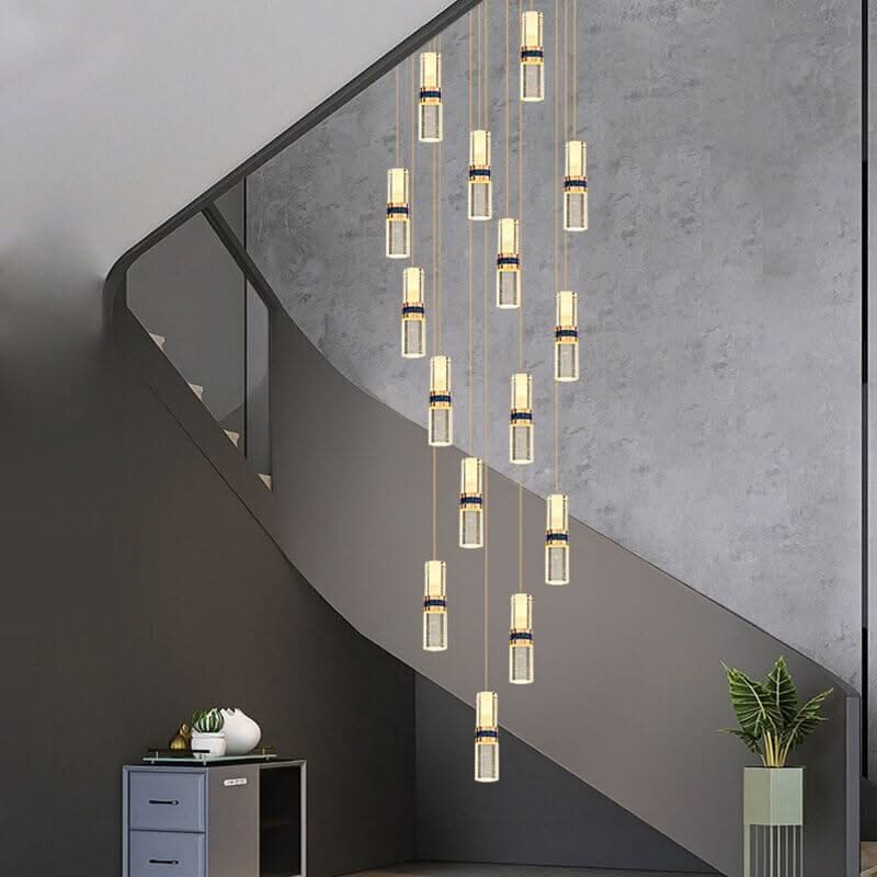 Crystal Tubes Staircase Chandelier – Gold LED Pendant, 3 to 18 Lights, Dimmable Option