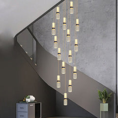 Crystal Tubes Staircase Chandelier – Gold LED Pendant, 3 to 18 Lights, Dimmable Option