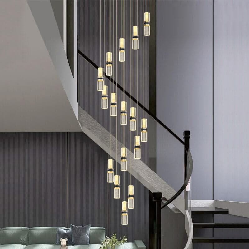 Crystal Tubes Staircase Chandelier – Gold LED Pendant, 3 to 18 Lights, Dimmable Option