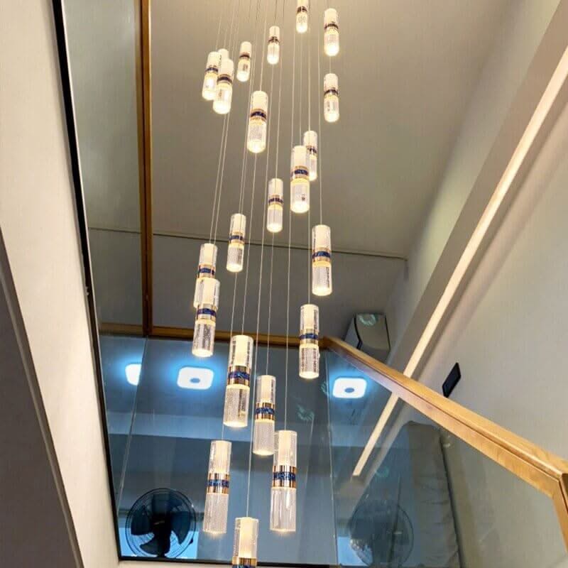 Crystal Tubes Staircase Chandelier – Gold LED Pendant, 3 to 18 Lights, Dimmable Option