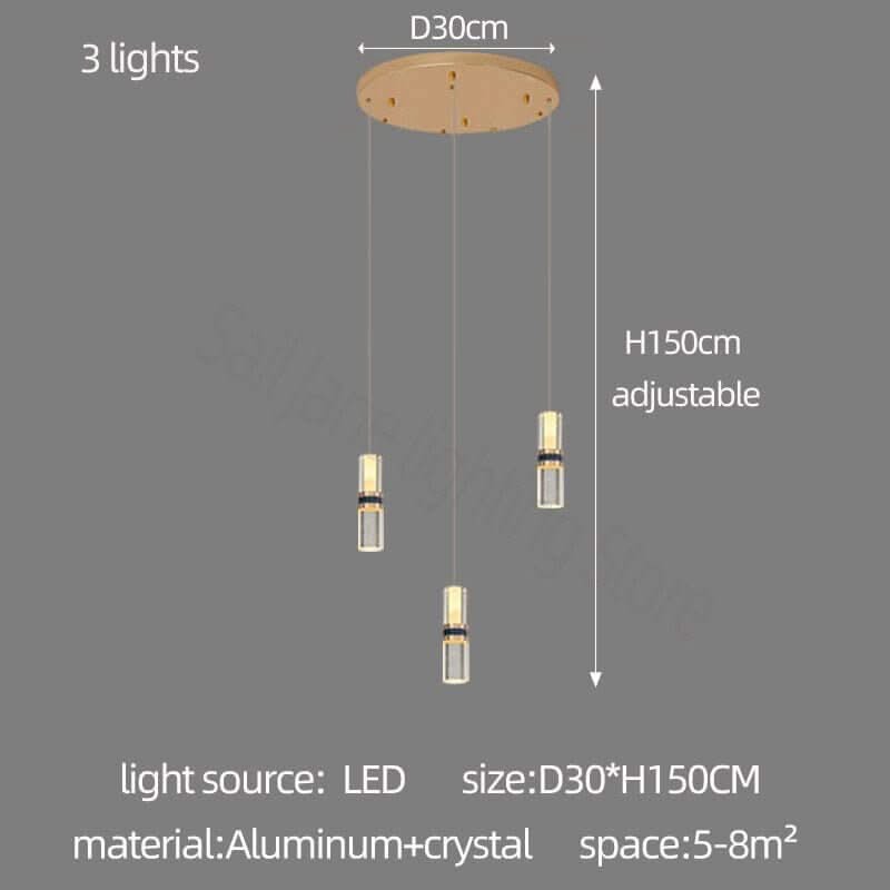 Crystal Tubes Staircase Chandelier – Gold LED Pendant, 3 to 18 Lights, Dimmable Option