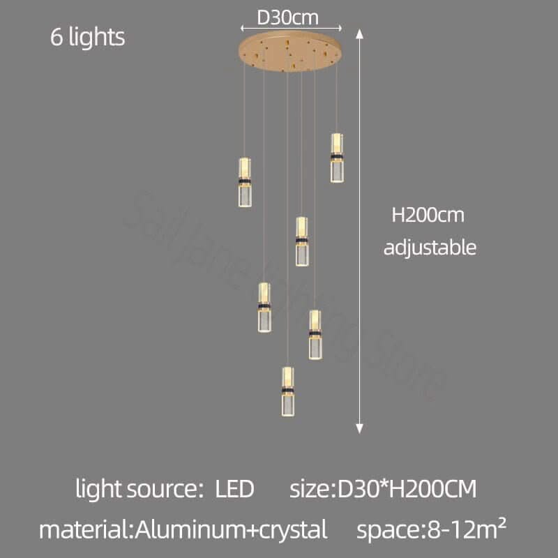 Crystal Tubes Staircase Chandelier – Gold LED Pendant, 3 to 18 Lights, Dimmable Option