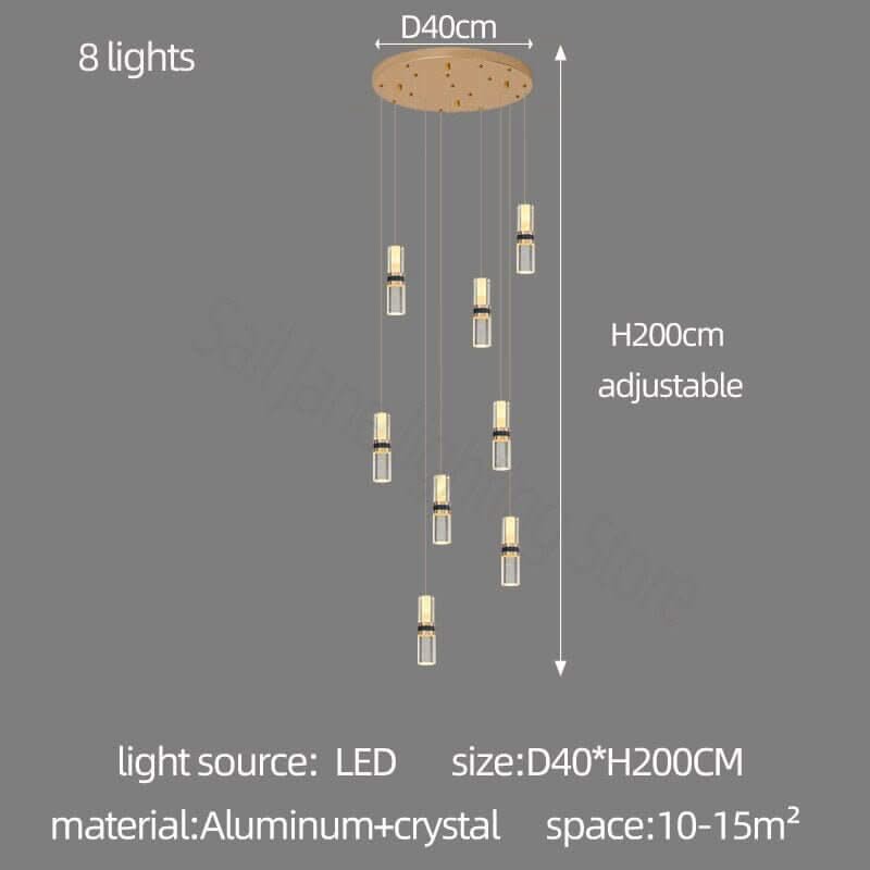 Crystal Tubes Staircase Chandelier – Gold LED Pendant, 3 to 18 Lights, Dimmable Option