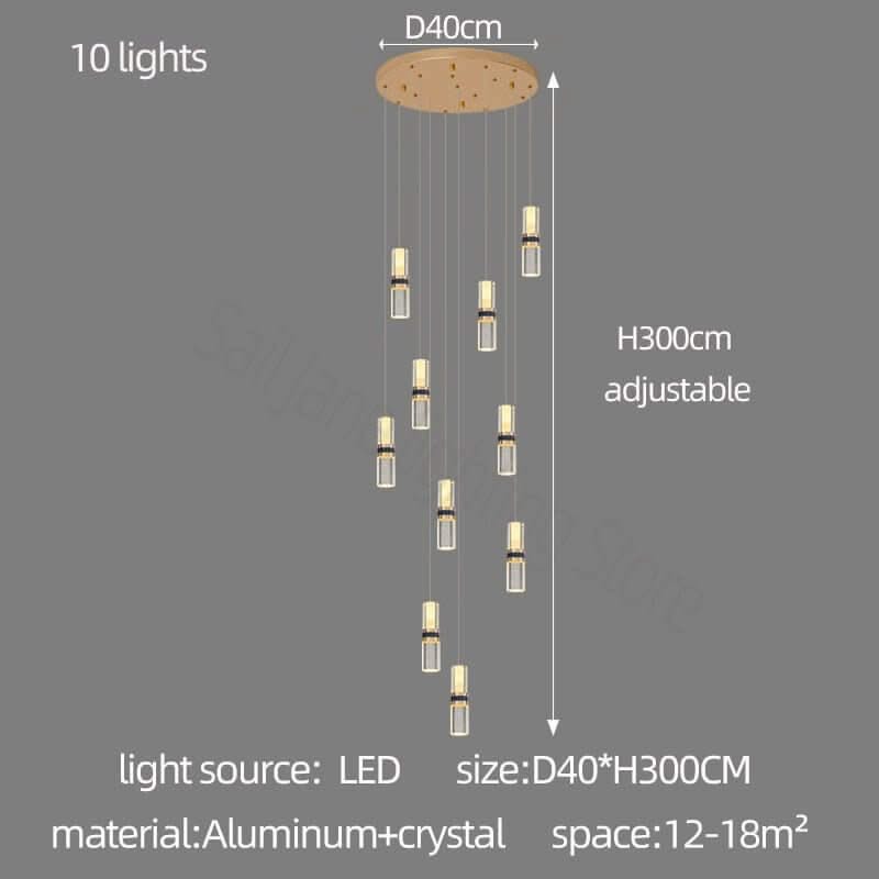 Crystal Tubes Staircase Chandelier – Gold LED Pendant, 3 to 18 Lights, Dimmable Option
