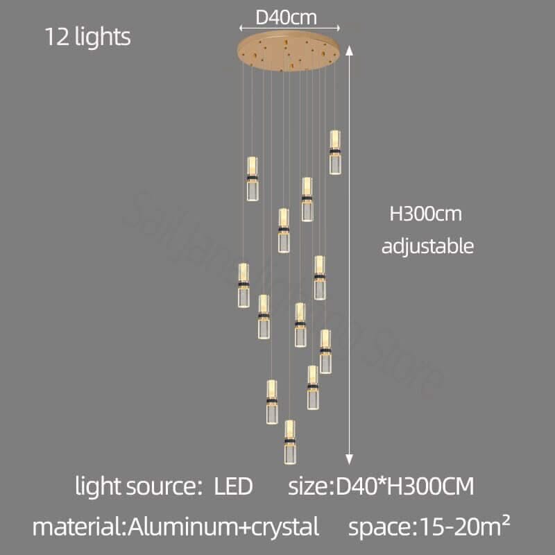 Crystal Tubes Staircase Chandelier – Gold LED Pendant, 3 to 18 Lights, Dimmable Option