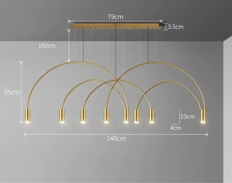 Curve Gold Hanging Chandelier – 3, 5 & 8 Heads, Warm & Cool White, Knob Switch
