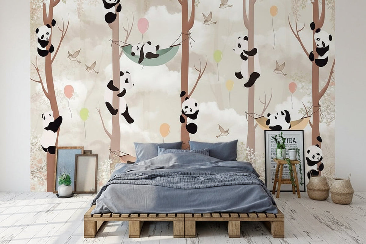 Cute Pandas Hanging on Trees in Forest Nursery Wallpaper