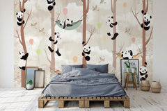 Cute Pandas Hanging on Trees in Forest Nursery Wallpaper