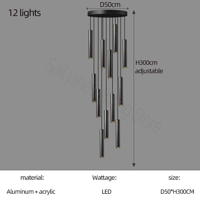 Cylindrical Pendant Staircase Chandelier – Modern LED Multi-Light Fixture, 1 to 15 Lights