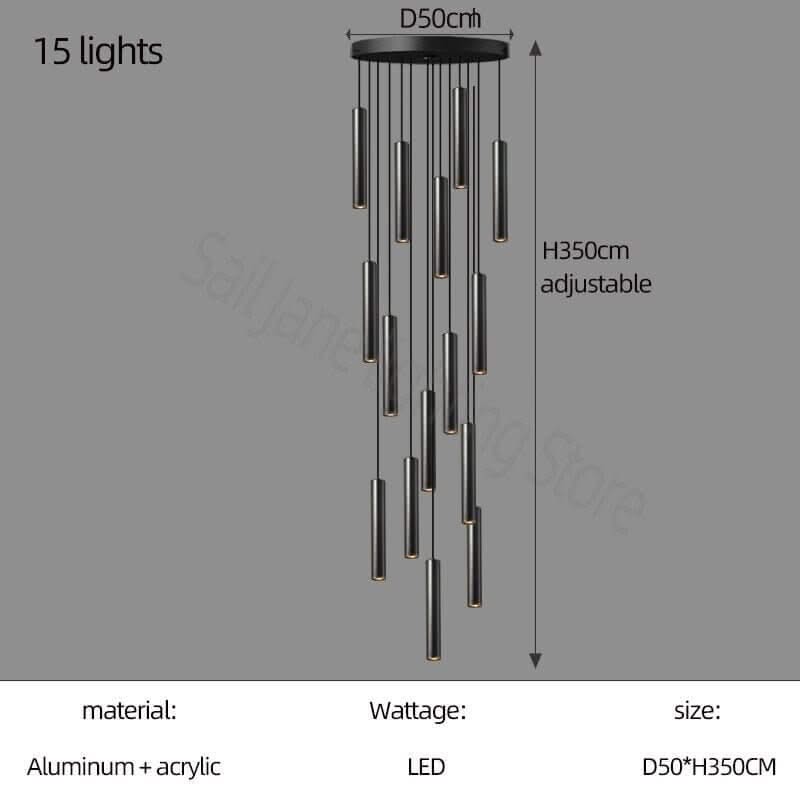 Cylindrical Pendant Staircase Chandelier – Modern LED Multi-Light Fixture, 1 to 15 Lights