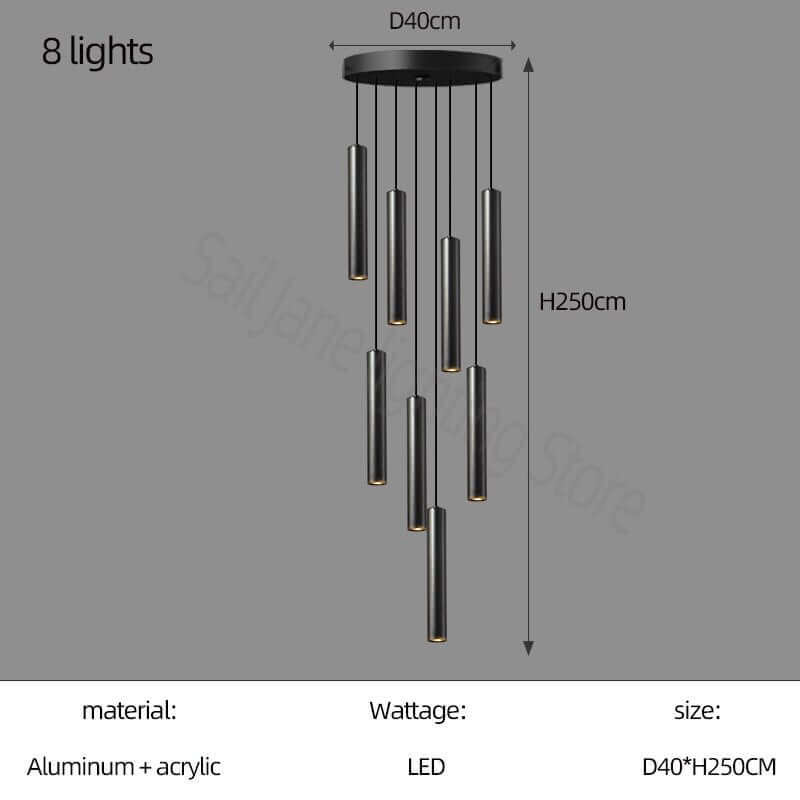 Cylindrical Pendant Staircase Chandelier – Modern LED Multi-Light Fixture, 1 to 15 Lights