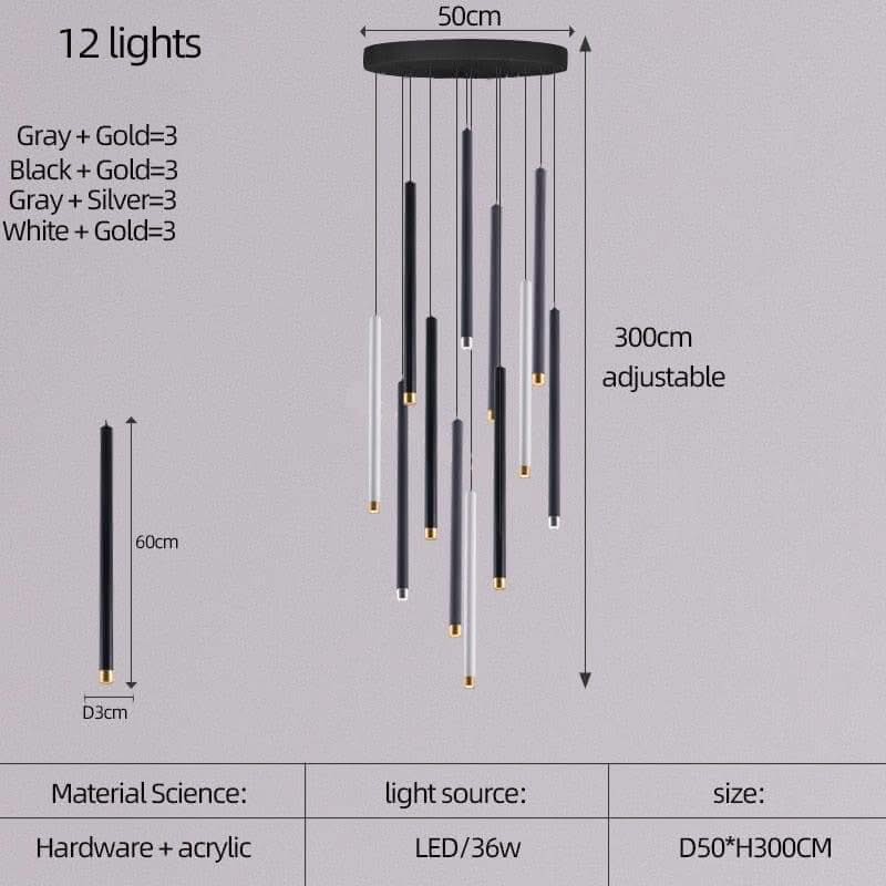 Cylindrical LED Staircase Chandelier – Multi-Finish, Single or Multi-Tube, Warm & Cool White