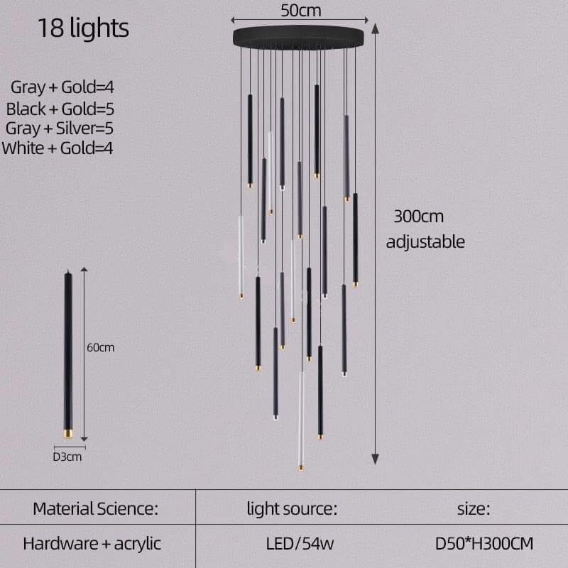 Cylindrical LED Staircase Chandelier – Multi-Finish, Single or Multi-Tube, Warm & Cool White