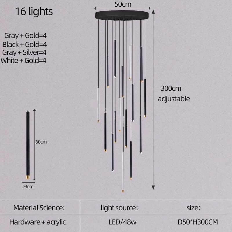 Cylindrical LED Staircase Chandelier – Multi-Finish, Single or Multi-Tube, Warm & Cool White