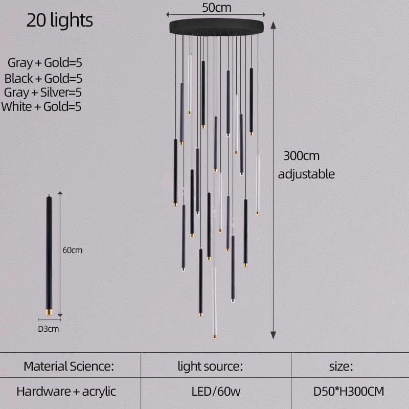 Cylindrical LED Staircase Chandelier – Multi-Finish, Single or Multi-Tube, Warm & Cool White