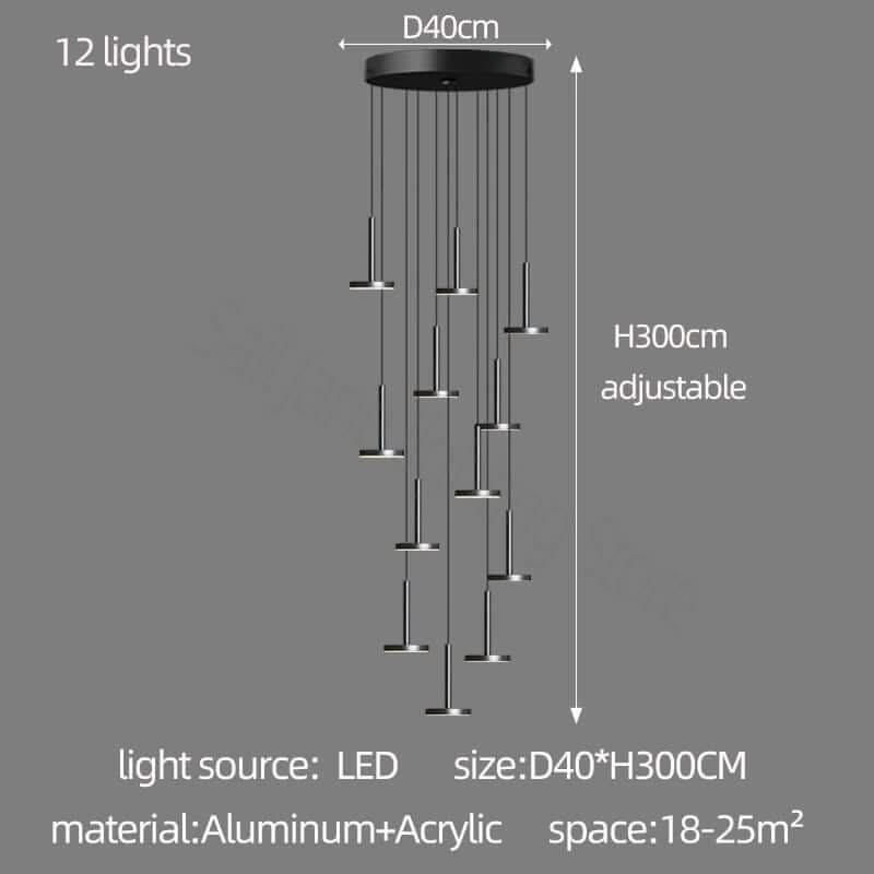 Designer Arc Luxury Staircase Chandelier – Gold or Black, 2 to 22 Lights, LED Pendant