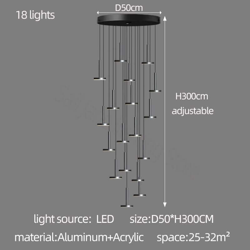 Designer Arc Luxury Staircase Chandelier – Gold or Black, 2 to 22 Lights, LED Pendant