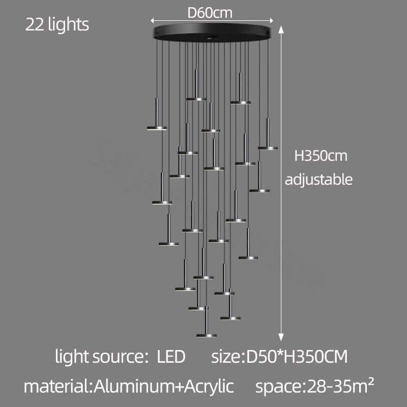 Designer Arc Luxury Staircase Chandelier – Gold or Black, 2 to 22 Lights, LED Pendant