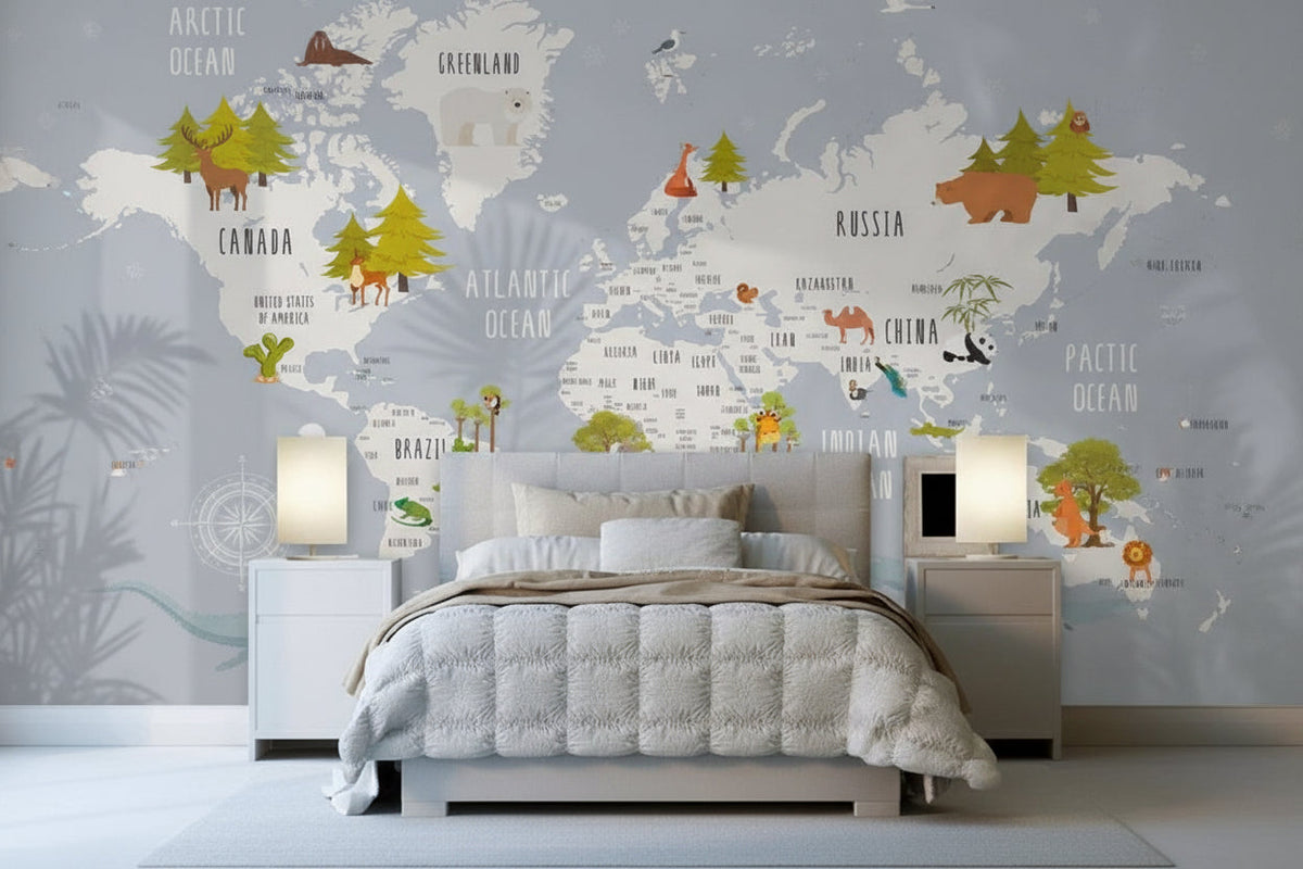 Dreamland Nursery Grey and White World Map Wallpaper