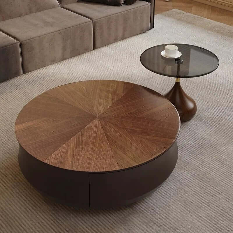 Elegant Solid Wood Corner Coffee Table with Storage – Metal Frame, Drawers, Minimalist Modern