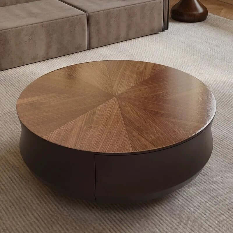 Elegant Solid Wood Corner Coffee Table with Storage – Metal Frame, Drawers, Minimalist Modern