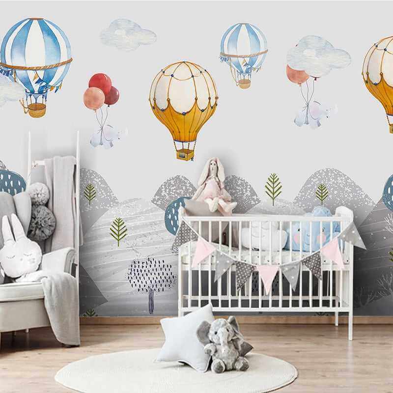 Elephants Hanging from Air Balloons: Kids Nursery Wallpaper
