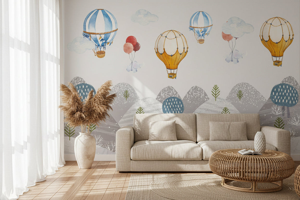 Elephants Hanging from Air Balloons: Kids Nursery Wallpaper