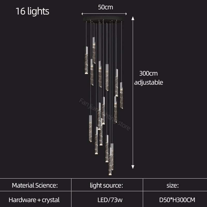Crystal Tubes Staircase Chandelier Light – Black or Gold, 1 to 16 Lights, Warm & Cool White