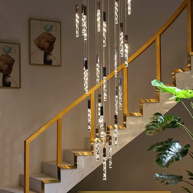 Crystal Tubes Staircase Chandelier Light – Black or Gold, 1 to 16 Lights, Warm & Cool White