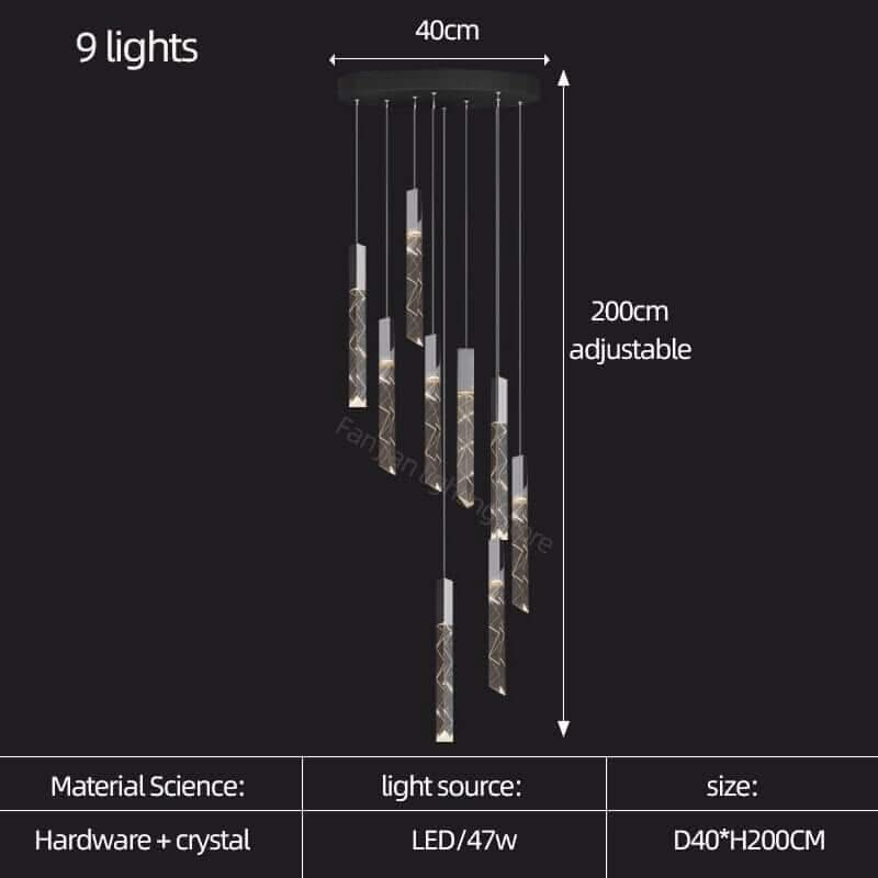 Crystal Tubes Staircase Chandelier Light – Black or Gold, 1 to 16 Lights, Warm & Cool White