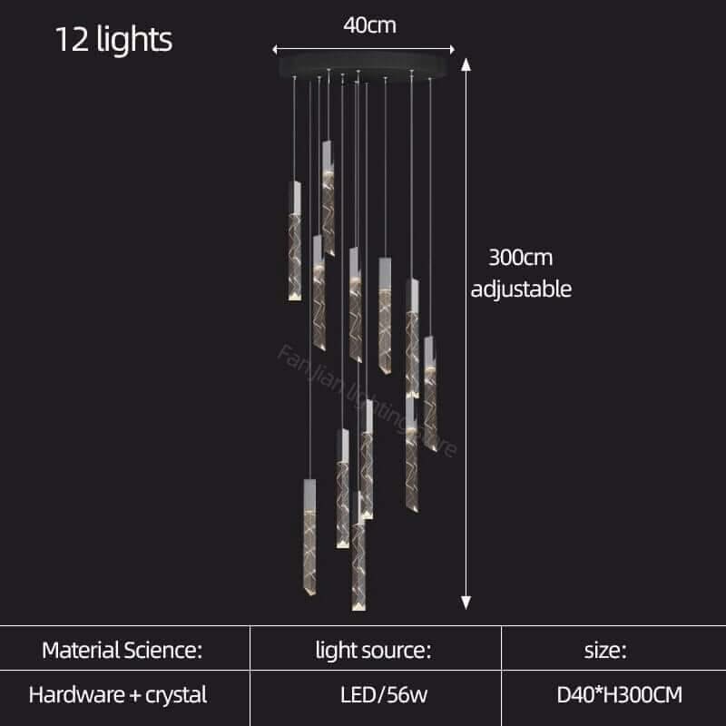 Crystal Tubes Staircase Chandelier Light – Black or Gold, 1 to 16 Lights, Warm & Cool White