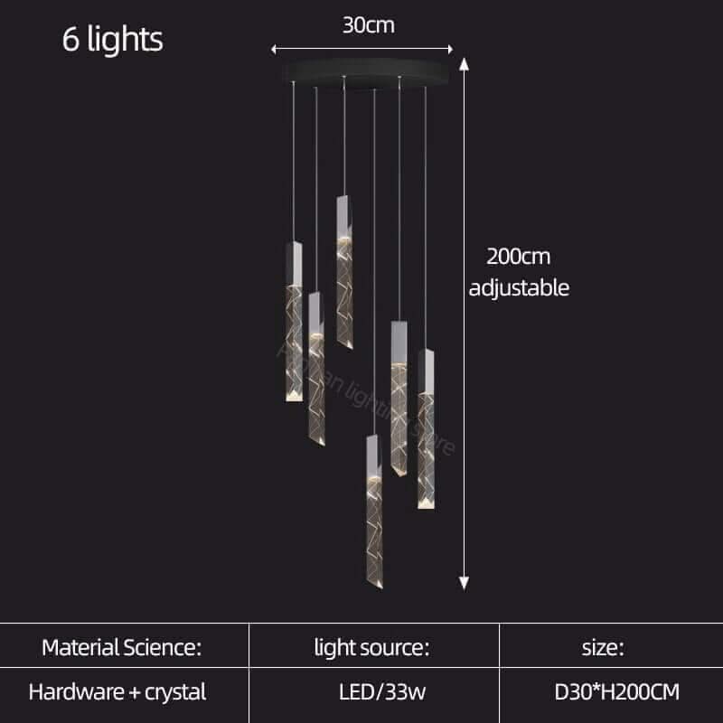 Crystal Tubes Staircase Chandelier Light – Black or Gold, 1 to 16 Lights, Warm & Cool White