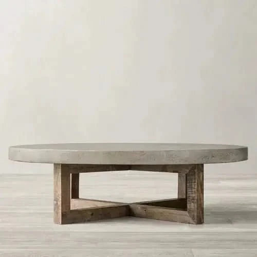 Aged Pine Wood Round Coffee Table – Rustic Solid Wood Designer Table