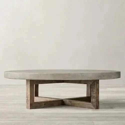 Aged Pine Wood Round Coffee Table – Rustic Solid Wood Designer Table
