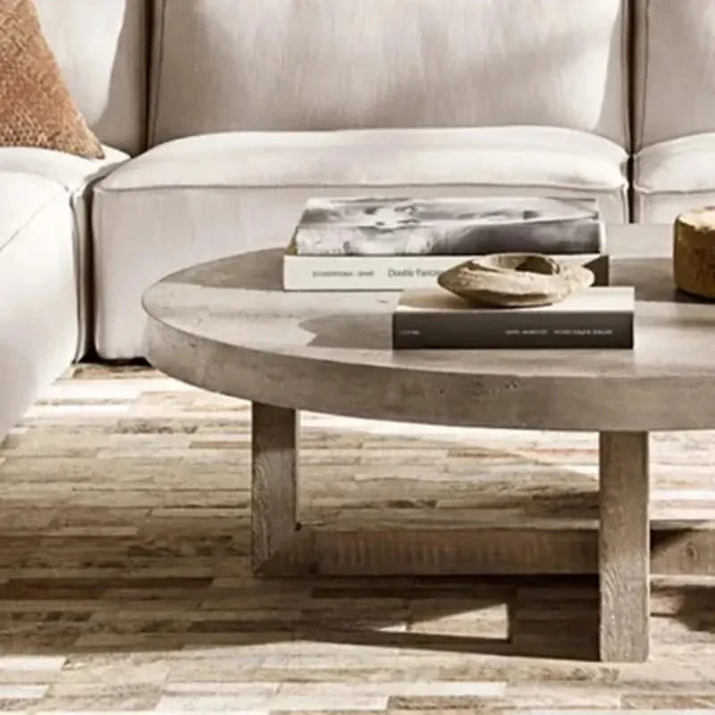 Aged Pine Wood Round Coffee Table – Rustic Solid Wood Designer Table