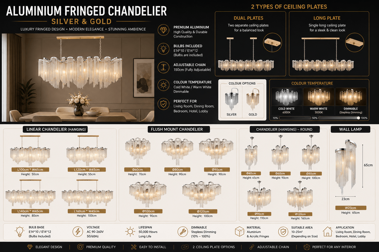 Aluminium Fringed Chandelier – Silver & Gold in 5 Sizes, Cold, Warm & Dimmable