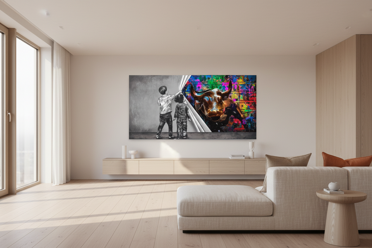 Banksy Art Boy Girl Pulling Curtain Canvas Wall Art