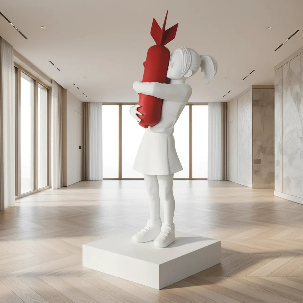 Banksy Bomb Hugger Girl Statue – Street Art Sculpture | 58cm, 100cm, 150cm, 200cm & 250cm | White, Black & Gold