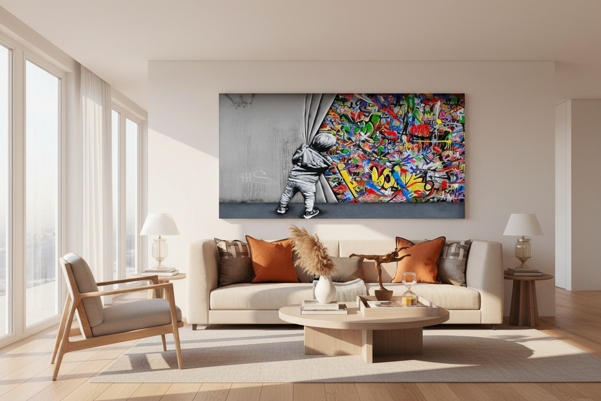 Banksy Boy pulling curtain Canvas Wall Art