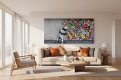 Banksy Boy pulling curtain Canvas Wall Art